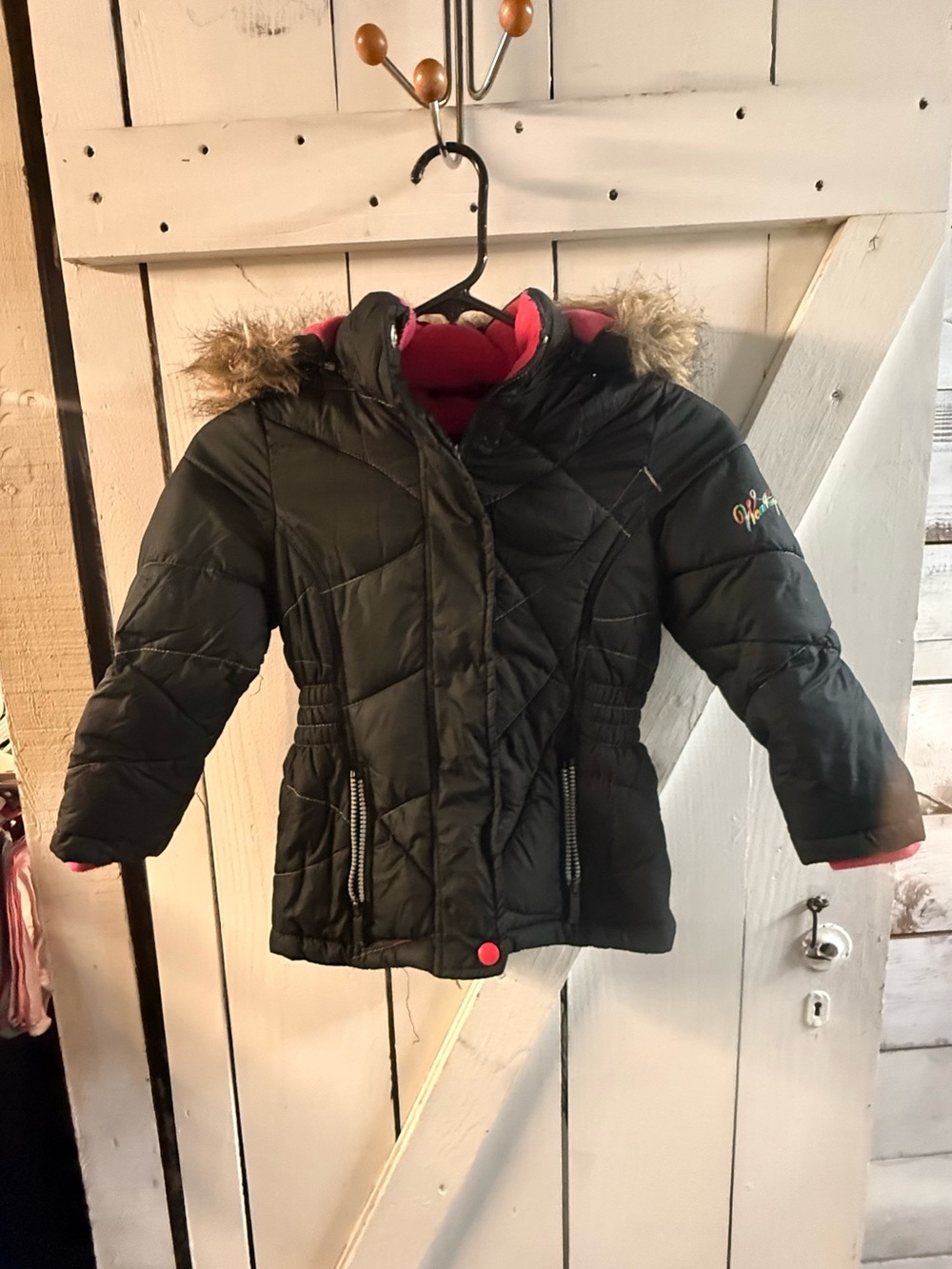 Weatherproof Kids Black Puffer Jacket with Pink Lining and Faux Fur Hood